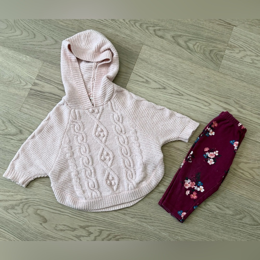 Toddler Girl Light Pink Poncho Style Sweater and Floral Pants